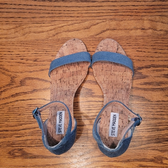 Steve Madden Blue Denim Block Cork Open Toe Shoes Heels Sandals - Picture 4 of 9
